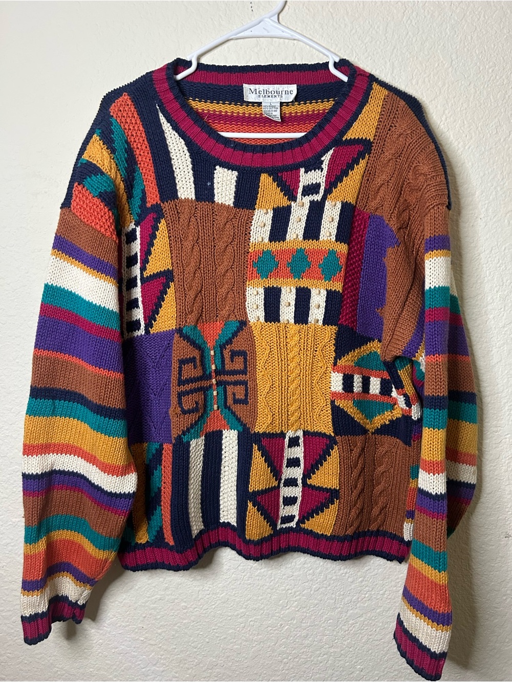 Melbourne Crewneck Patchwork Cable Knit Sweater Multicolor Vintage Large Ramie
